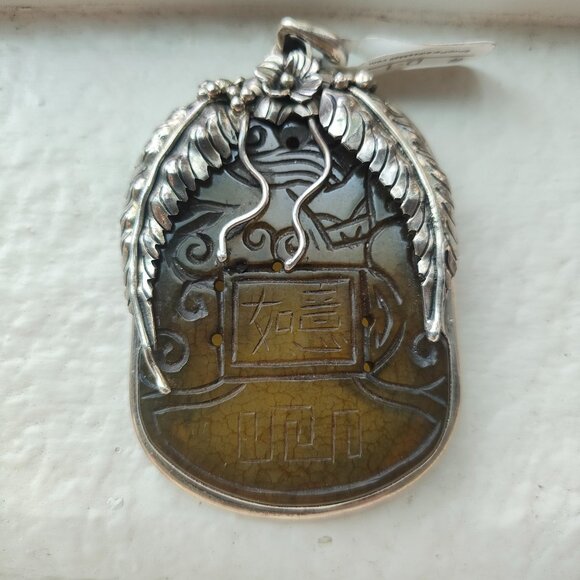 Semi Translucent Asian Carved Jade and Sterling Silver Pendant Charm 66g - Picture 1 of 8